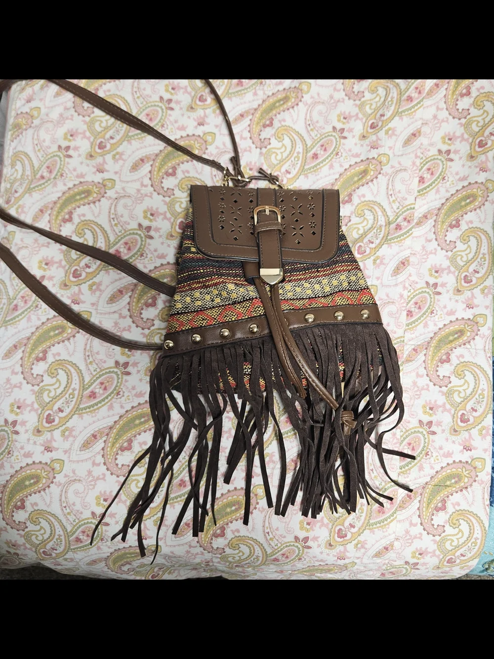 Fringed Brown Multi-Color Woven Crossbody Bag